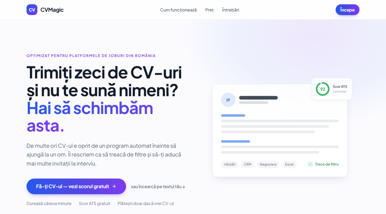 Pagina principală CVMagic, aplicație în producție