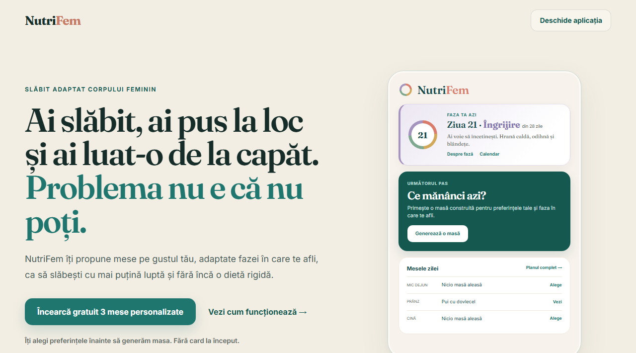 Pagina principală NutriFem, aplicație în producție
